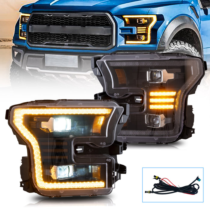 VLAND Full LED Headlights For Ford F150 13th Gen Pickup 2015-2017 / F150 SVT RAPTOR 2016-2021 With Amber DRL