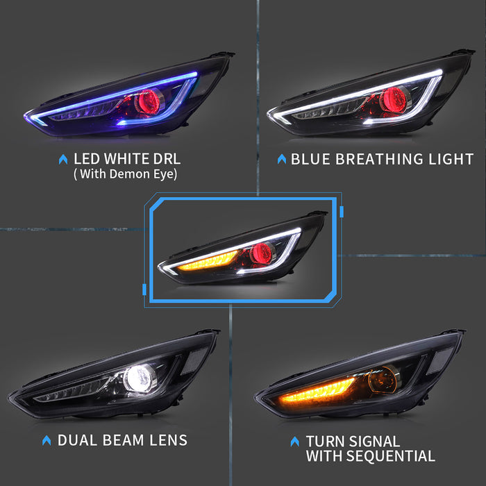 VLAND LED Demon Eye Headlights For Ford Focus 2015-2017 With Sequential Indicators Turn Signals