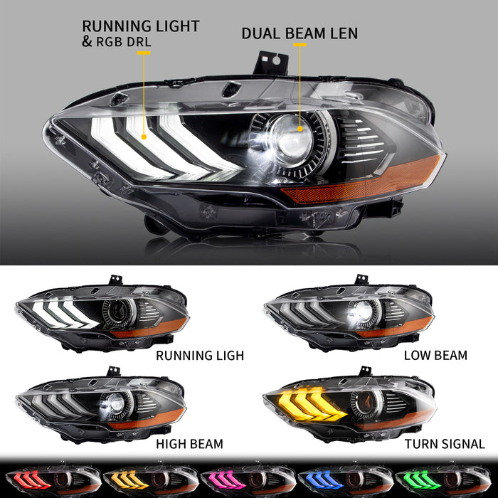 VLAND RGB Projector Headlights For Ford Mustang (Sixth Generation) [S550] 2018-2023