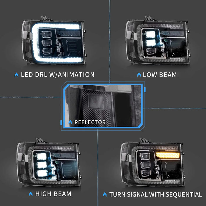 VLAND LED Projector Headlights For GMC Sierra 1500 2500HD 3500HD 2007-2014 With Dynamic DRL