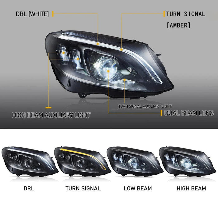 VLAND LED Projector Headlights For Mercedes Benz W205 C-Class 2015-2021 With Blue DRL