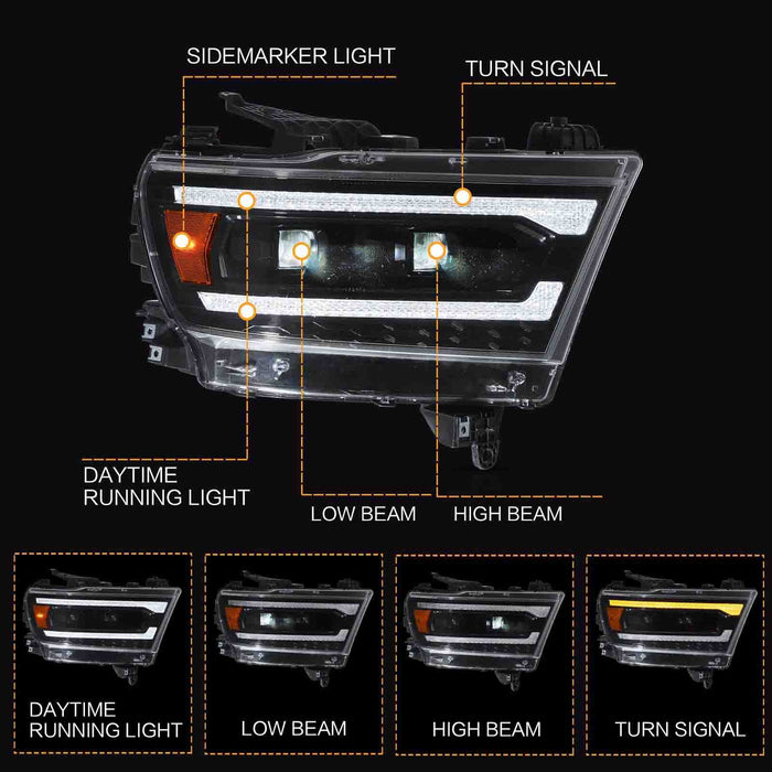 VLAND Full LED Headlights For Dodge Ram 1500 2019-2024 5th Gen