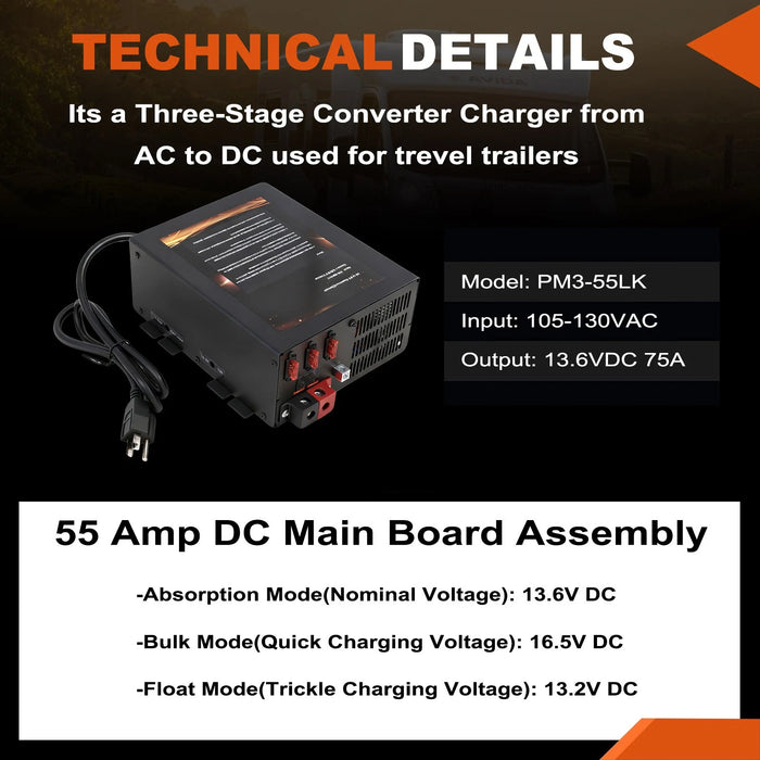 VLAND PM3-55LK 55A RV Power Converter Battery Charger 3-Stage For Camper Marine