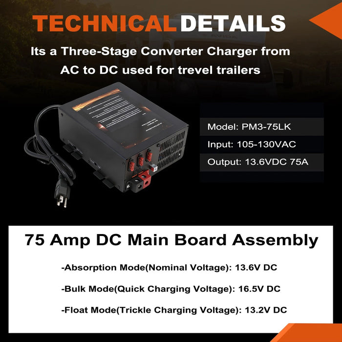 VLAND PM3-75LK RV Power Converter/Charger for RV AC 110v To DC 12v Converter