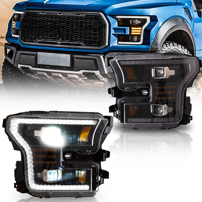 VLAND Full LED Headlights For Ford F150 13th Gen Pickup 2015-2017 / F150 SVT RAPTOR 2016-2021 With Amber DRL