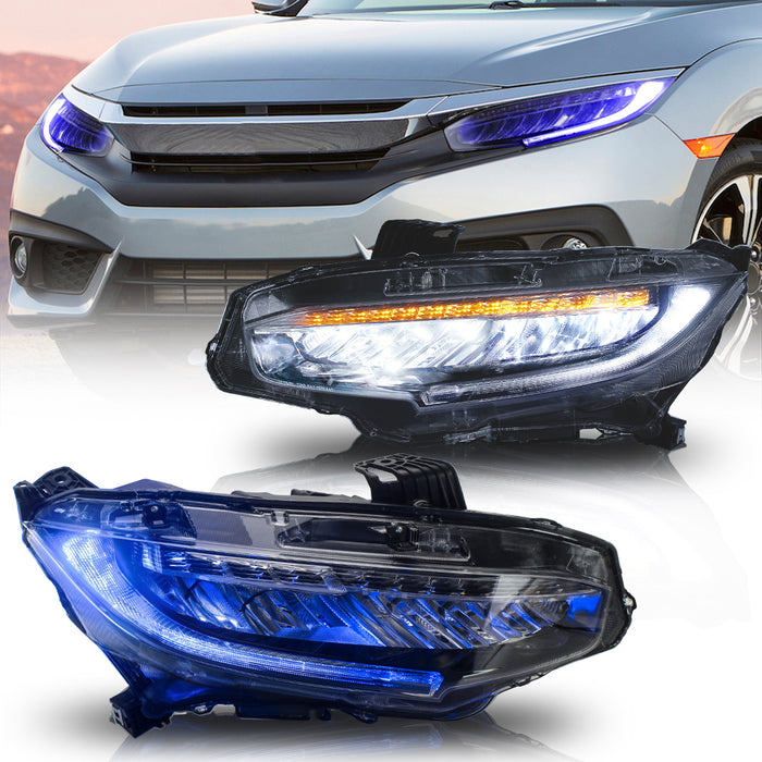 VLAND Headlights For Honda Civic 10th Sedan/Coupe/Hatchback 2016-2021 with Amber Sequential Turn Signal [SAE, DOT.]