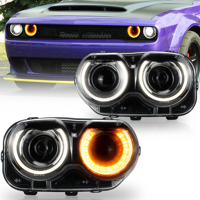 VLAND LED Halo Headlights For Dodge Challenger 2015-2024 With Sequential Turn Signals