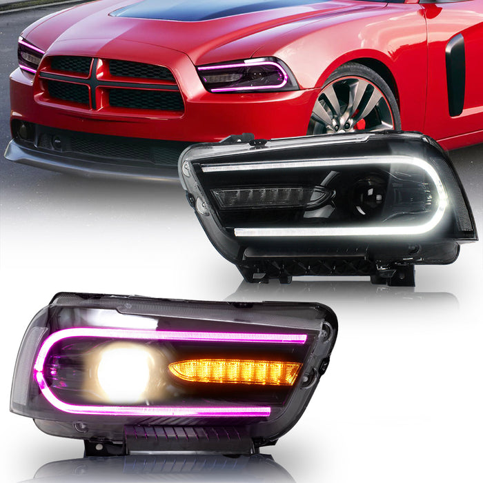 VLAND RGB Dual Beam Headlights For Dodge Charger 2011-2014 With Sequential Turn Signals