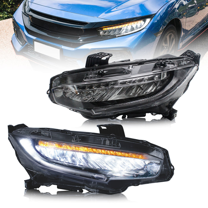 VLAND Headlights For Honda Civic 10th Sedan/Coupe/Hatchback 2016-2021 with Amber Sequential Turn Signal [SAE, DOT.]