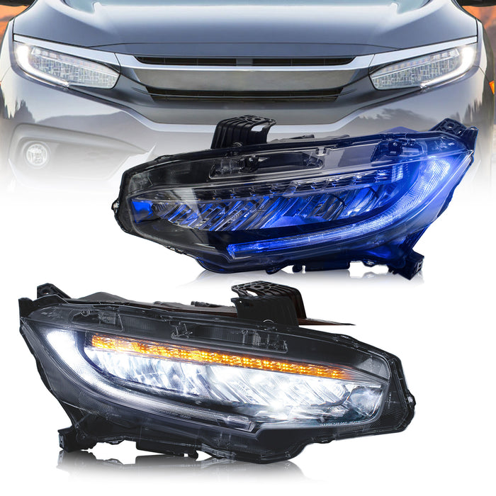 VLAND Headlights For Honda Civic 10th Sedan/Coupe/Hatchback 2016-2021 with Amber Sequential Turn Signal [SAE, DOT.]