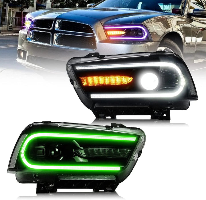 VLAND RGB Dual Beam Headlights For Dodge Charger 2011-2014 With Sequential Turn Signals