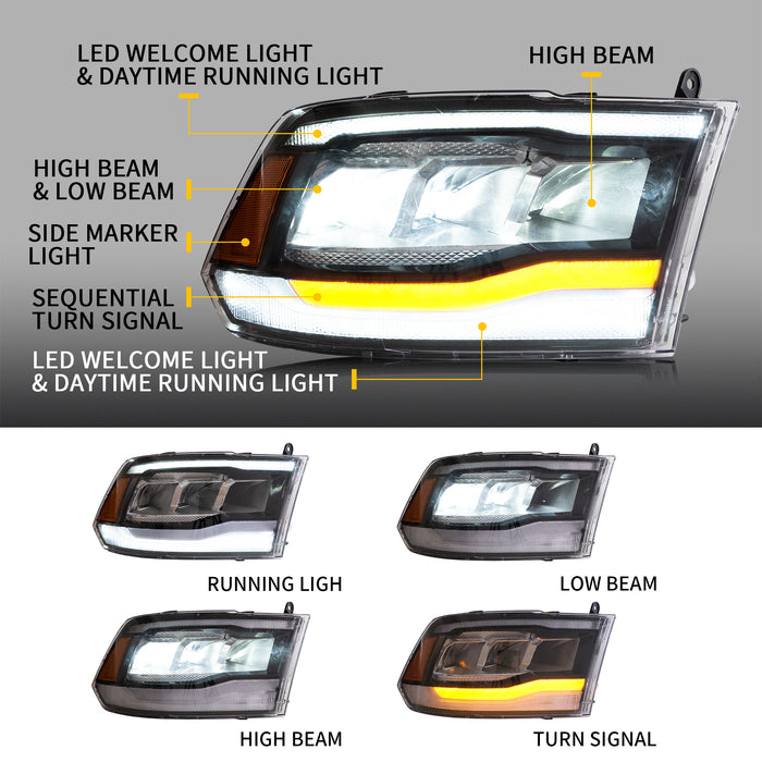 [PRÉ-VENTE] VLAND LED Phares Pour Dodge Ram1500/2500/3500 2009-2018/Ram 1500 Classique 2019-2021 2 Styles Full LED/LED Projecteur YAX-RM-6002