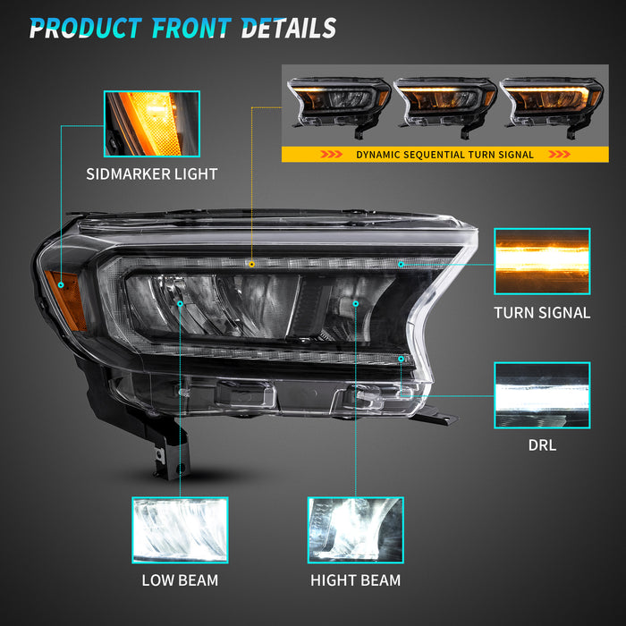 VLAND Full LED Headlights For Ford Ranger T6 Raptor & Wildtrak 2019-2022 (Fits For US Version)