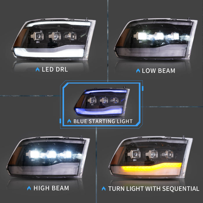 VLAND LED Projector Headlights For RAM 1500 / 2500 / 3500 2009-2018 Ram1500 Classic 2019-2022 [DOT./SAE.]