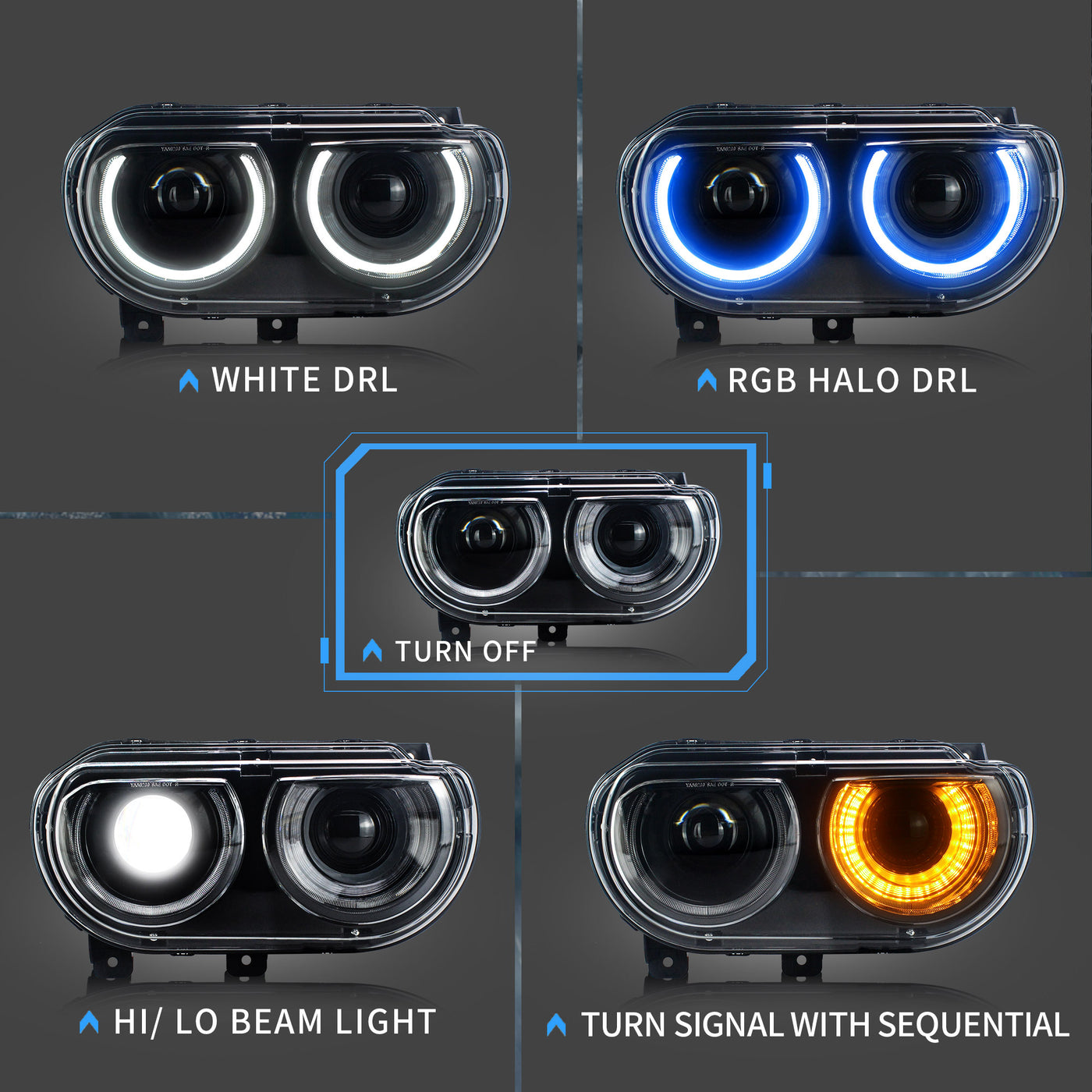 VLAND LED RGB Headlights + LED Tail lights For Dodge Challenger 2008 ...