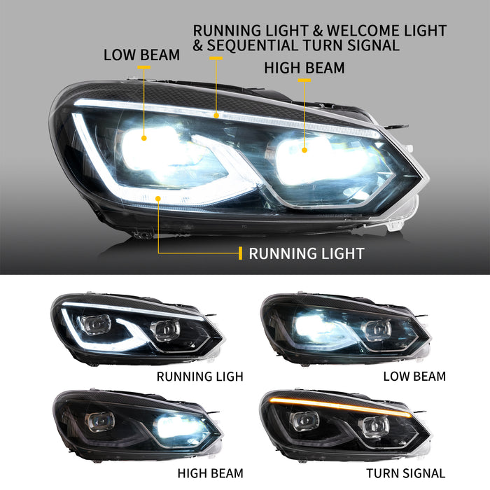 VLAND LED Projector Headlights For Volkswagen [VW] Golf Mk6 2008-2014 With Sequential indicator Turn Signals (MK8 Design Style)