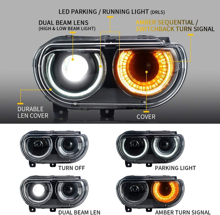 VLAND LED Halo Headlights For Dodge Challenger 2008-2014 Dual Beam DRL(White) With Sequential Turn Signals - VLAND VIP