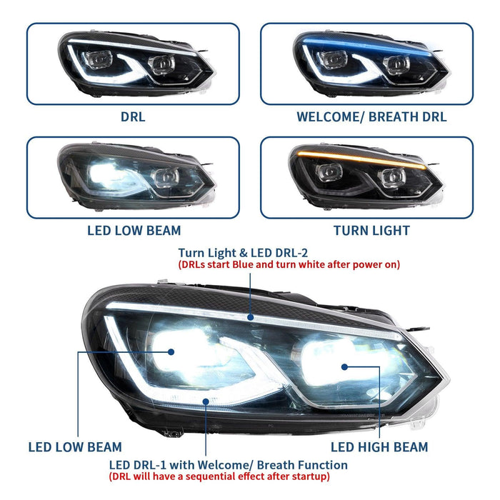 VLAND LED Projector Headlights For Volkswagen [VW] Golf Mk6 2008-2014 With Sequential indicator Turn Signals (MK8 design style) - VLAND VIP