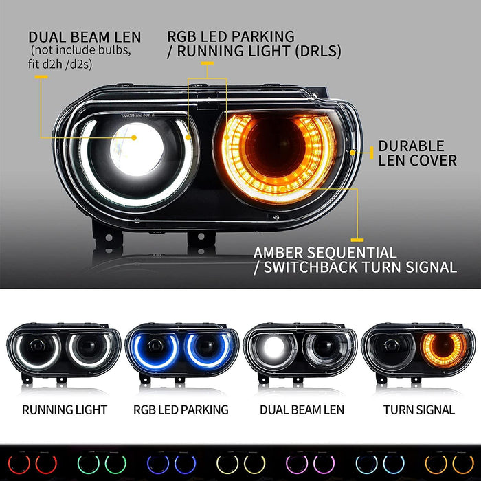 VLAND LED RGB Halo Headlights For Dodge Challenger 2008-2014 with Sequential - VLAND VIP